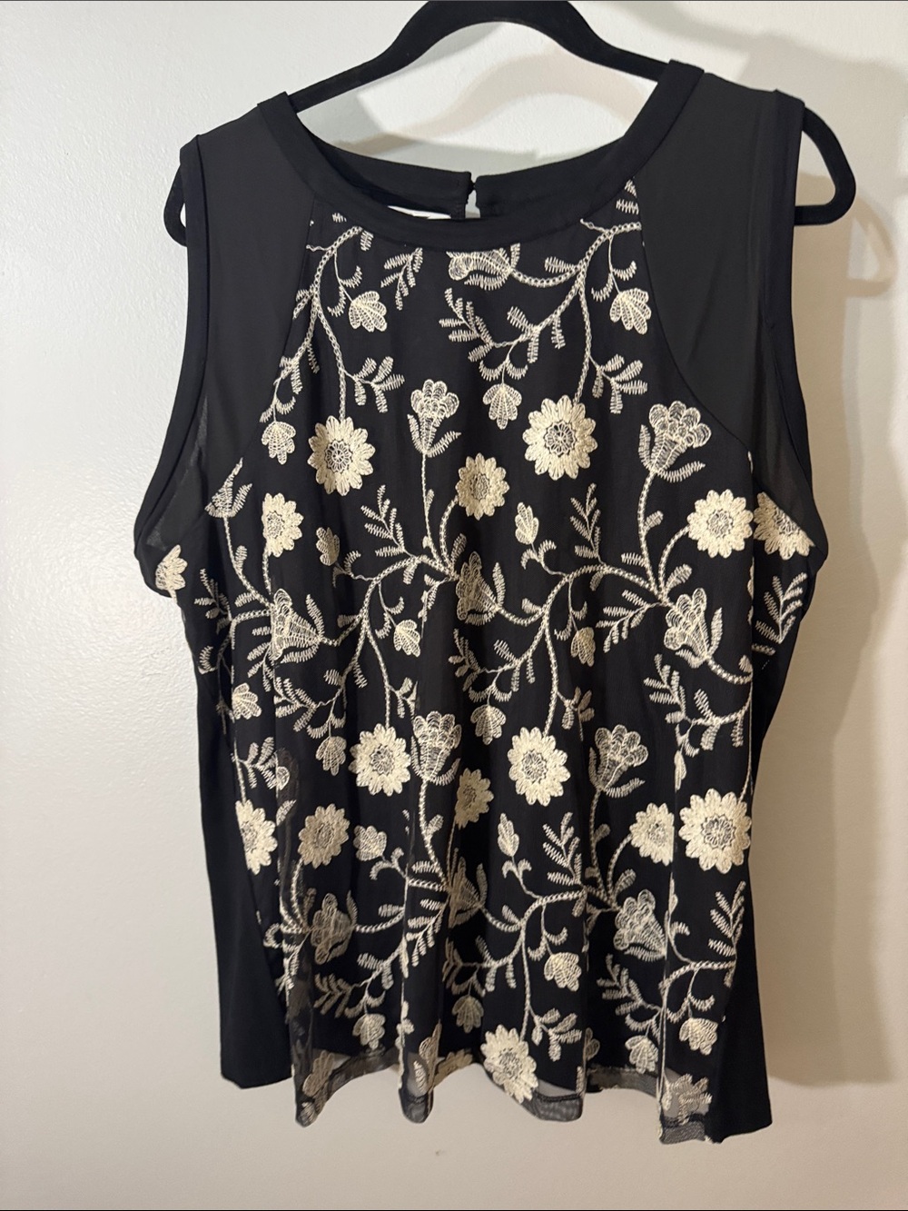 Maurices Black Tank Top with Cream Floral Embroidery